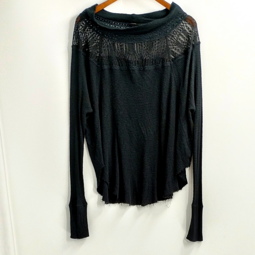 Free People Black Waffle Thermal Lace Neck Top - Picture 2 of 15